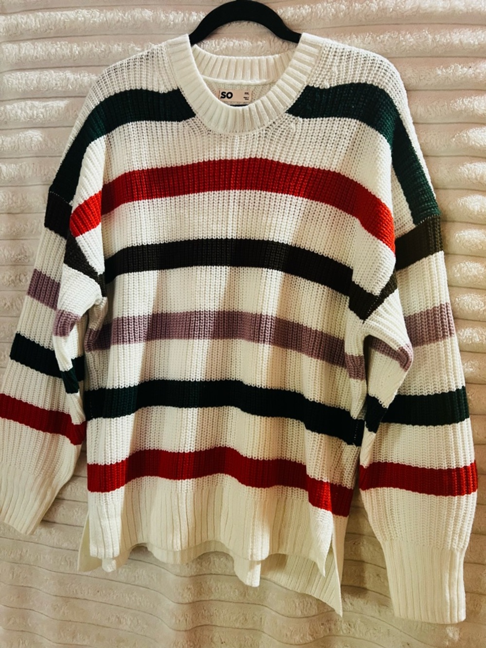 NWOT SO White Crewneck Sweater with Red, Black, Green & Purple Stripes women XXL